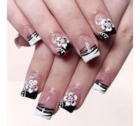 Square Press On Nails Flower Fake Glues Glitters Artificial Acrylic 24pcs Stick For Women Design False Nail