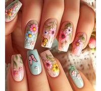 Square Press On Nails Flower Fake Nails Glues On Nails Artificial Acrylic Nails 12 Size 24pcs Stick On Nails For Womens