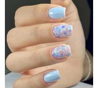 Square Press On Nails French Tips Fake Full Covers False With Flower Design Glitters Artificial Acrylic Design False Nail