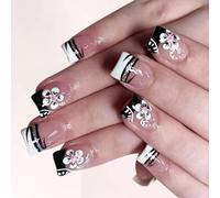 Square Press On Nails French Tips Fake Full Covers False With Flower Design Glitters Artificial Acrylic Acrylic Glues On Nail For Women Clear