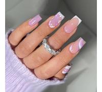 Square Press on Nails Medium Hot Pink Fake Nails Glitter Flower with line Design Pink French Full Cover Artificial Glue on Nails for Women DIY Nails Art Decoration 24Pcs