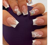 Square Press-On Nails, Medium Nude Pink French Tips, Glitter and 3D Floral | Artificial nail set, white beads and iridescent multicoloured stars, mixed designs for formal events and evening looks