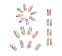 Square Press on Nails, Medium Square Press on Nails, Acrylic Nails Press with Glue, 24 Times Colourful Gradient False Nails Set, Reusable