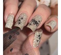 Square Press On Nails with Glitter Letters - Reusable False Nails for Women, Easy Application & Long-Lasting Wear, Home Use, Salon Quality, Party & Bridal Manicure