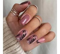 Square Press On Nails With Leaf Designs Glossy False French Artificial Acrylic Stick On Manicure 24pcs Nail Accesories