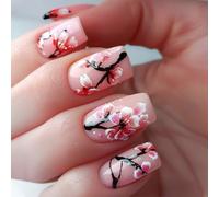 Square Press On Nails with Tree Branch Floral Pattern Glossy Manicure Full Covers Faux Nails for Women Manicure 24pcs