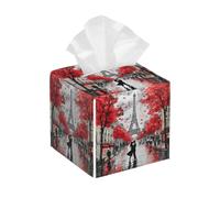 Square Pu Leather Tissue Box Cover Red Maple Leaves Eiffel Tower Square Tissue Box Cover Fashionable Case Napkin Holder For Kitchen Desk Vantity