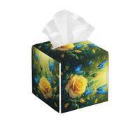 Square Pu Leather Tissue Box Cover Yellow Roses Blue Butterflies Pu Leather Tissues Dispenser Decoration Tissues Holder For Desk Vantity Living Room
