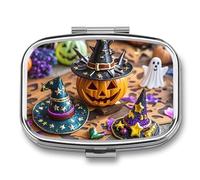Square Pumpkin Halloween Pill Box Small Pill Case with 2 Compartment Portable Metal Medicine Organizer Mini Travel Medicine Vitamin Supplement Container for Pocket Purse