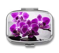 Square Purple Butterfly Orchid Pill Box Small Pill Case with 2 Compartment Portable Metal Medicine Organizer Mini Travel Medicine Vitamin Supplement Container for Pocket Purse