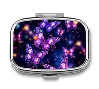 Square Purple Cute Butterfly Print Pill Box Small Pill Case with 2 Compartment Portable Metal Medicine Organizer Mini Travel Medicine Vitamin Supplement Container for Pocket Purse