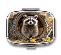 Square Raccoon in The Fall Tree Hole Pill Box Small Pill Case with 2 Compartment Portable Metal Medicine Organizer Mini Travel Medicine Vitamin Supplement Container for Pocket Purse