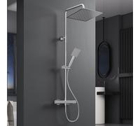 Square Rainfall Shower System - Thermostatic Bar Mixer with 12" Handheld, Adjustable Riser Rail Kit, Anti-Leak Hose, Tap - Wall Mounted Complete Set for Modern Bathroom, Chrome