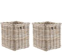 Square Rattan Storage Basket, SET OF TWO Grey and Buff Wicker Cube, Shelf Home Organisation