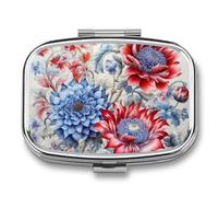 Square Red and Blue Flowers Pill Box Small Pill Case with 2 Compartment Portable Metal Medicine Organizer Mini Travel Medicine Vitamin Supplement Container for Pocket Purse