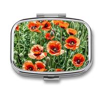 Square Red Flowers Leaves Pill Organizer Pill Box 3 Compartment Portable Travel Medicine Case Daily Mini Compact Medicine Container Storage Vitamin Supplement Dispenser