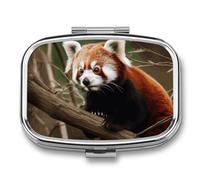 Square Red Panda on Tree Branch Pill Box Small Pill Case with 2 Compartment Portable Metal Medicine Organizer Mini Travel Medicine Vitamin Supplement Container for Pocket Purse
