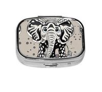 Square Round Black and White Elephant Pill Case - 2 Daily Compartment Storage Box for Pocket Bag, Cod Liver Oil Storage Box, 2