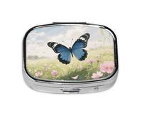 Square Round Blue Butterfly Pill Case Daily with 2 Compartments, Travel Pill Container for Pocket Wallet, Portable Liver Oil Storage Box