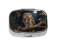 Square Round Owl Sitting On A Branch Pill Case Daily Printing Pill Box 2 Compartments Travel Pill Container for Pocket Wallet Box
