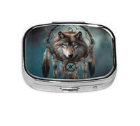 Square Round Pill Case 3D Wolf Dream Catcher Pill Box Daily 2 Compartment Travel Pill Container for Pocket Purse Portable Medicine Cod Liver Oil Storage Box 2 Times a Day Pill Organizer