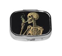 Square Round Pill Case A Skeleton with Burning Cigarette Pill Box Daily 2 Compartment Travel Pill Container for Pocket Purse Portable Medicine Cod Liver Oil Storage Box 2 Times a Day Pill Organizer