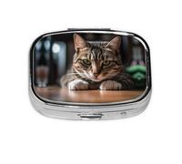 Square Round Pill Case A Tabby Cat Pill Box Daily 2 Compartment Travel Pill Container for Pocket Purse Portable Medicine Cod Liver Oil Storage Box 2 Times a Day Pill Organizer
