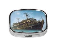 Square Round Pill Case Abandoned Cruise Ship at Sea Pill Box Daily 2 Compartment Travel Pill Container for Pocket Purse Portable Medicine Cod Liver Oil Storage Box 2 Times a Day Pill Organizer