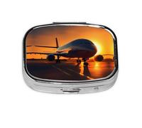 Square Round Pill Case Airplane at Sunset Pill Box Daily 2 Compartment Travel Pill Container for Pocket Purse Portable Medicine Cod Liver Oil Storage Box 2 Times a Day Pill Organizer