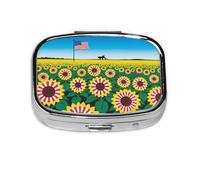 Square Round Pill Case American-Sunflower US-Flag Stripes Pill Box Daily 2 Compartment Travel Pill Container for Pocket Purse Portable Medicine Cod Liver Oil Storage Box 2 Times a Day Pill Organizer