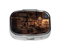Square Round Pill Case an Old Bookstore Pill Box Daily 2 Compartment Travel Pill Container for Pocket Purse Portable Medicine Cod Liver Oil Storage Box 2 Times a Day Pill Organizer