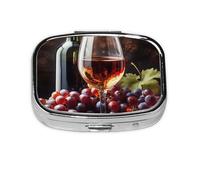 Square Round Pill Case Art Red Wine Galsses & Grapes Pill Box Daily 2 Compartment Travel Pill Container for Pocket Purse Portable Medicine Cod Liver Oil Storage Box 2 Times a Day Pill Organizer