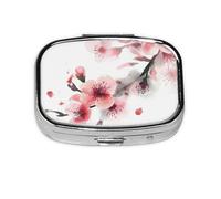 Square Round Pill Case Asian Watercolor Pink Cherry Florals Pill Box Daily 2 Compartment Travel Pill Container for Pocket Purse Portable Medicine Cod Liver Oil Storage Box 2 Times a Day Pill Organizer