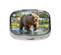 Square Round Pill Case Bear Crossing the River Pill Box Daily 2 Compartment Travel Pill Container for Pocket Purse Portable Medicine Cod Liver Oil Storage Box 2 Times a Day Pill Organizer