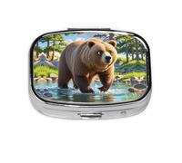 Square Round Pill Case Bear Crossing the River Pill Box Daily 2 Compartment Travel Pill Container for Pocket Purse Portable Medicine Cod Liver Oil Storage Box 2 Times a Day Pill Organizer