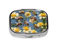 Square Round Pill Case Bee Flying 3 Pill Box Daily 2 Compartment Travel Pill Container for Pocket Purse Portable Medicine Cod Liver Oil Storage Box 2 Times a Day Pill Organizer