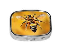 Square Round Pill Case Bee Flying 4 Pill Box Daily 2 Compartment Travel Pill Container for Pocket Purse Portable Medicine Cod Liver Oil Storage Box 2 Times a Day Pill Organizer