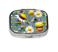 Square Round Pill Case Bee Flying Pill Box Daily 2 Compartment Travel Pill Container for Pocket Purse Portable Medicine Cod Liver Oil Storage Box 2 Times a Day Pill Organizer