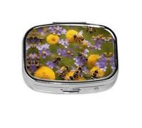 Square Round Pill Case Bee Flying Pill Box Daily 2 Compartment Travel Pill Container for Pocket Purse Portable Medicine Cod Liver Oil Storage Box 2 Times a Day Pill Organizer