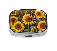 Square Round Pill Case bee & Sunflowers Pill Box Daily 2 Compartment Travel Pill Container for Pocket Purse Portable Medicine Cod Liver Oil Storage Box 2 Times a Day Pill Organizer