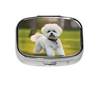 Square Round Pill Case Bichon Frise Dog on the Grass Pill Box Daily 2 Compartment Travel Pill Container for Pocket Purse Portable Medicine Cod Liver Oil Storage Box 2 Times a Day Pill Organizer