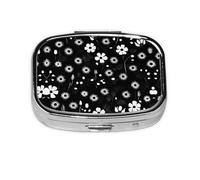 Square Round Pill Case Black and White Floral Print Pill Box Daily 2 Compartment Travel Pill Container for Pocket Purse Portable Medicine Cod Liver Oil Storage Box 2 Times a Day Pill Organizer