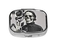 Square Round Pill Case Black and White Flowers and Skull Pill Box Daily 2 Compartment Travel Pill Container for Pocket Purse Portable Medicine Cod Liver Oil Storage Box 2 Times a Day Pill Organizer