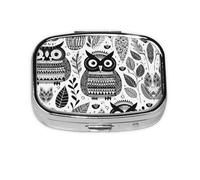 Square Round Pill Case Black and White Owl Pill Box Daily 2 Compartment Travel Pill Container for Pocket Purse Portable Medicine Cod Liver Oil Storage Box 2 Times a Day Pill Organizer