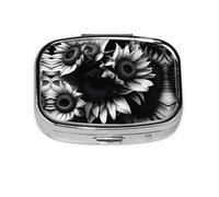 Square Round Pill Case Black and White Sunflowers Pill Box Daily 2 Compartment Travel Pill Container for Pocket Purse Portable Medicine Cod Liver Oil Storage Box 2 Times a Day Pill Organizer