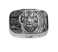Square Round Pill Case Black and White Tiger Pill Box Daily 2 Compartment Travel Pill Container for Pocket Purse Portable Medicine Cod Liver Oil Storage Box 2 Times a Day Pill Organizer