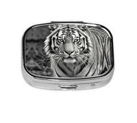 Square Round Pill Case Black and White Tiger Pill Box Daily 2 Compartment Travel Pill Container for Pocket Purse Portable Medicine Cod Liver Oil Storage Box 2 Times a Day Pill Organizer