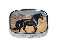 Square Round Pill Case Black Arabian Horse Pill Box Daily 2 Compartment Travel Pill Container for Pocket Purse Portable Medicine Cod Liver Oil Storage Box 2 Times a Day Pill Organizer