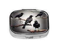 Square Round Pill Case Black Crow Birds on a Branch Pill Box Daily 2 Compartment Travel Pill Container for Pocket Purse Portable Medicine Cod Liver Oil Storage Box 2 Times a Day Pill Organizer