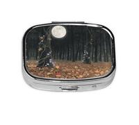 Square Round Pill Case Black Forest Japanese Moon Pill Box Daily 2 Compartment Travel Pill Container for Pocket Purse Portable Medicine Cod Liver Oil Storage Box 2 Times a Day Pill Organizer